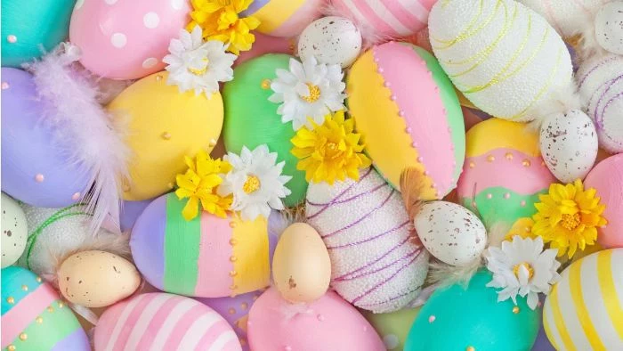 lots of eggs in different colors with different decorations cute easter wallpaper with flowers