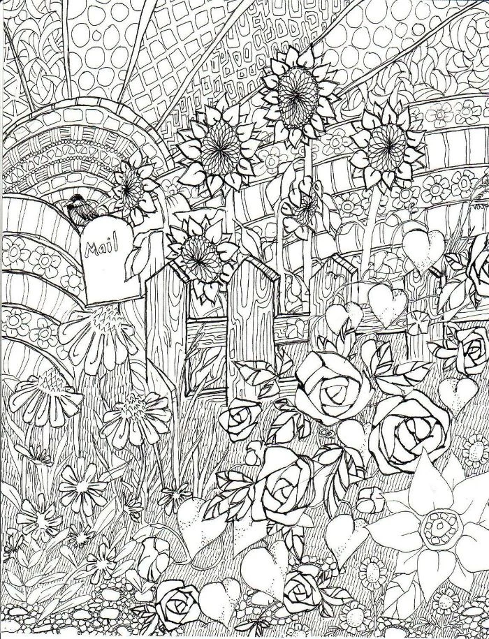 lots of flowers and different patterns in front of small fence free coloring pages for girls