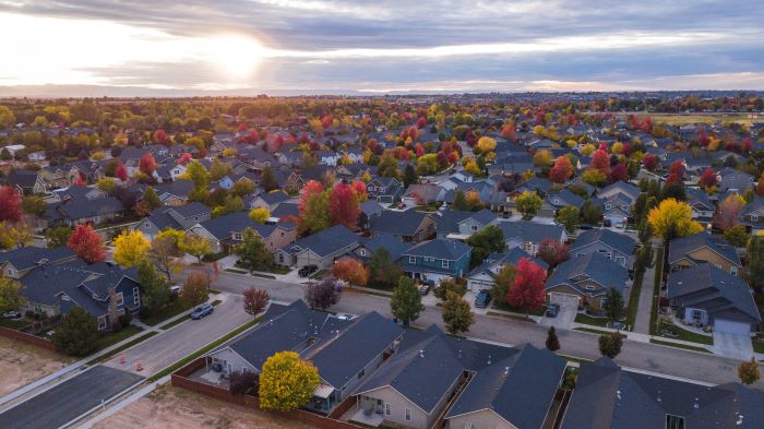 lots of houses photographed from above moving to a new neighborhood fall trees in between at sunrise