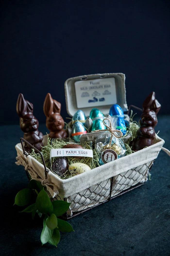 mini basket filled with chocolate bunny easter baskets for boys chocolate eggs and candy inside