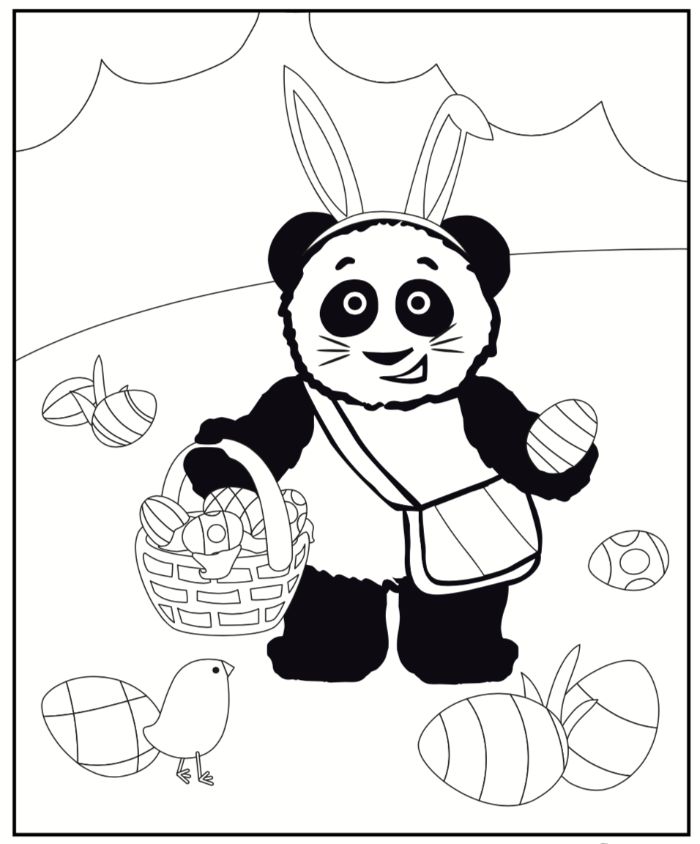 panda carrying a basket full of eggs free printable easter coloring pages wearing bunny ears