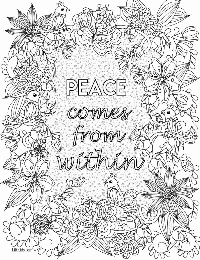 peace comes from within written in the middle spring coloring pages surrounded by flowers and birds