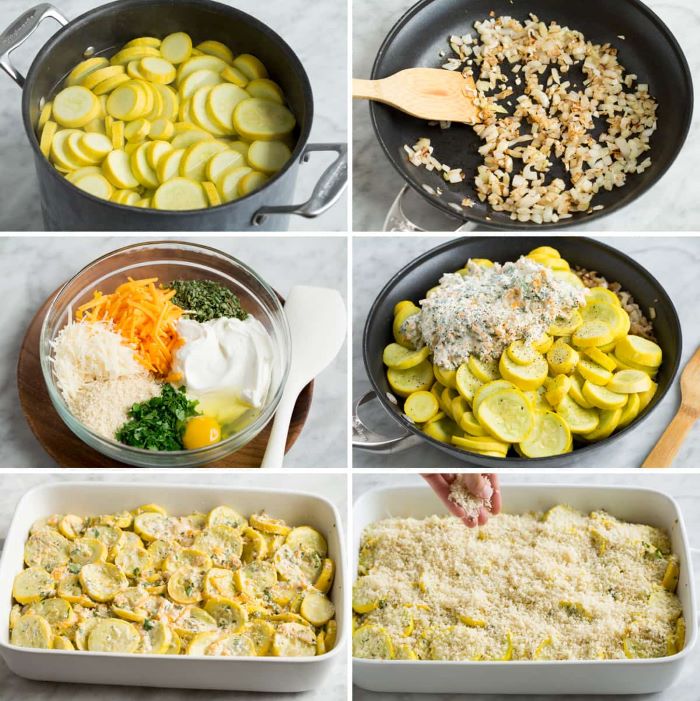 photo collage of step by step diy tutorial for yellow squash casserole with cheese and breadcrumbs