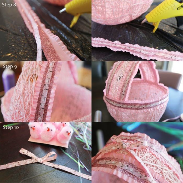 photo collage of step by step diy tutorial homemade easter baskets decorating the yarn basket