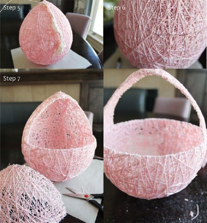 photo collage of step by step diy tutorial homemade easter baskets shaping the basket