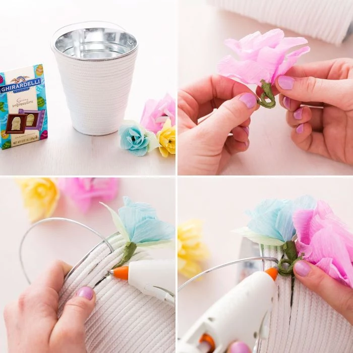 photo collage of step by step tutorial for basket with flowers on the side easter basket ideas for toddlers