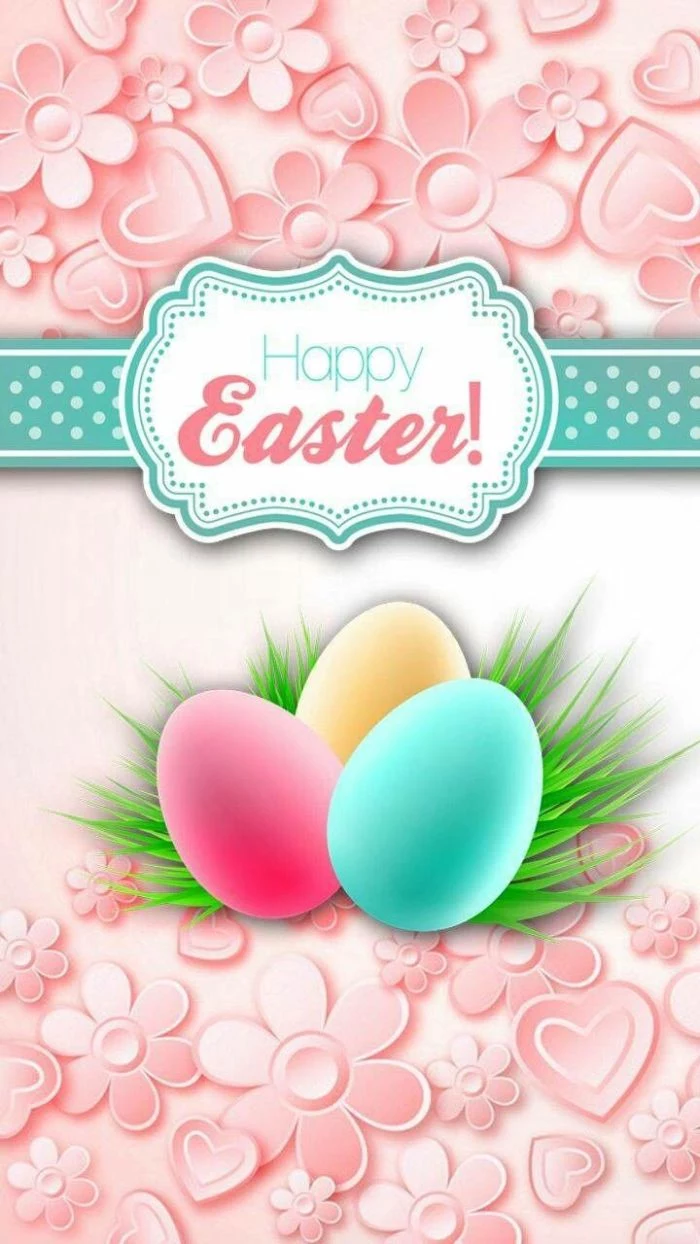 pink background with hearts and flowers easter bunny background happy easter written over three eggs