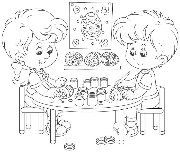printable easter coloring pages boy and girl sitting on a table dyeing eggs black and white drawing