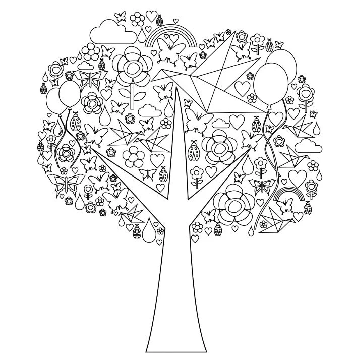 printable full size coloring pages for kids black and white drawing of tree with flowers birds butterflies balloons