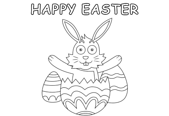 rabbit coming out of an egg free printable easter egg coloring pages happy easter written above drawing