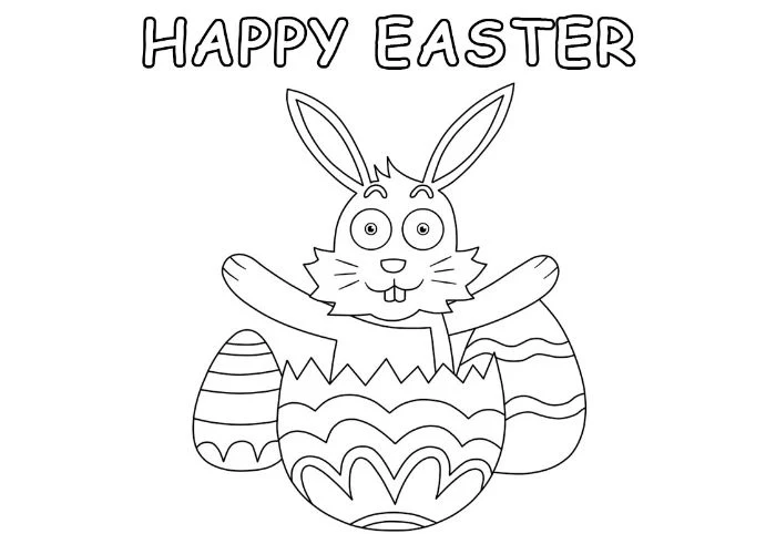 rabbit coming out of an egg free printable easter egg coloring pages happy easter written above drawing