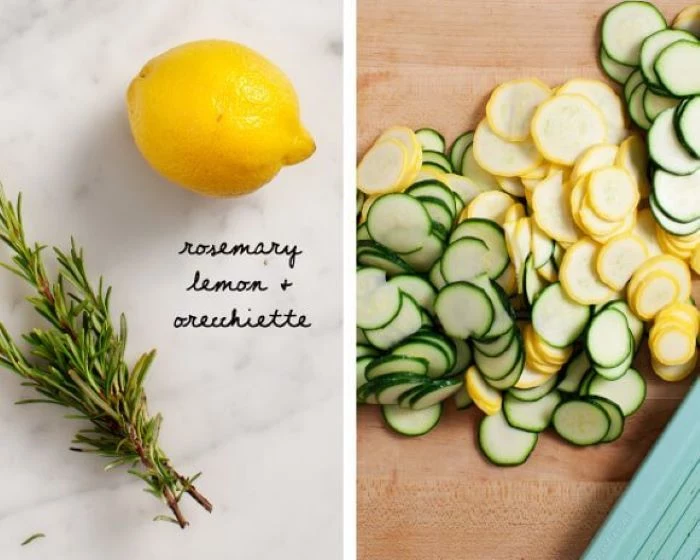 side by side photos baked squash recipe lemon rosemary squash and zucchini cut into slices