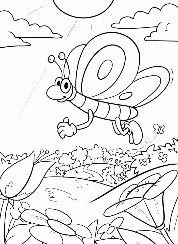 small bug flying over a field with flowers spring coloring sheets trees sun clouds in the background