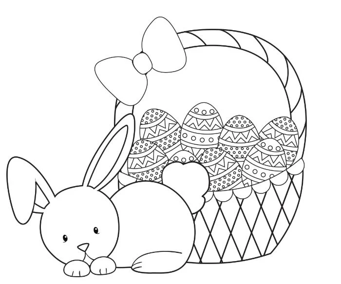small bunny next to basket full of eggs easter coloring pages black and white drawing