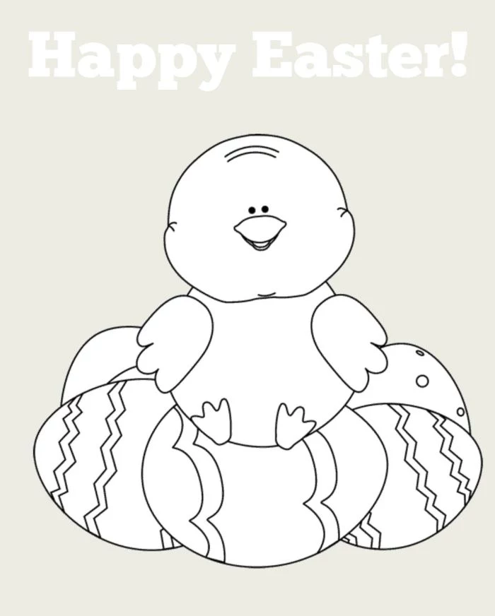small chicken sitting on top of eggs easter egg printable happy easter written above drawing