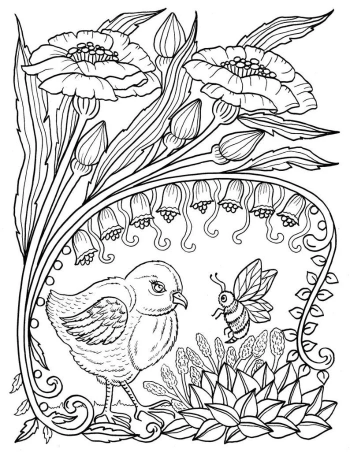 spring coloring pages black and white drawing of bird bee and flowers