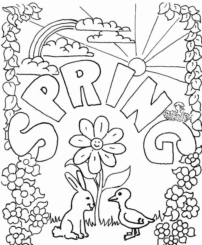 spring written over drawing of bunny and duck free printable spring coloring pages surrounded by flowers