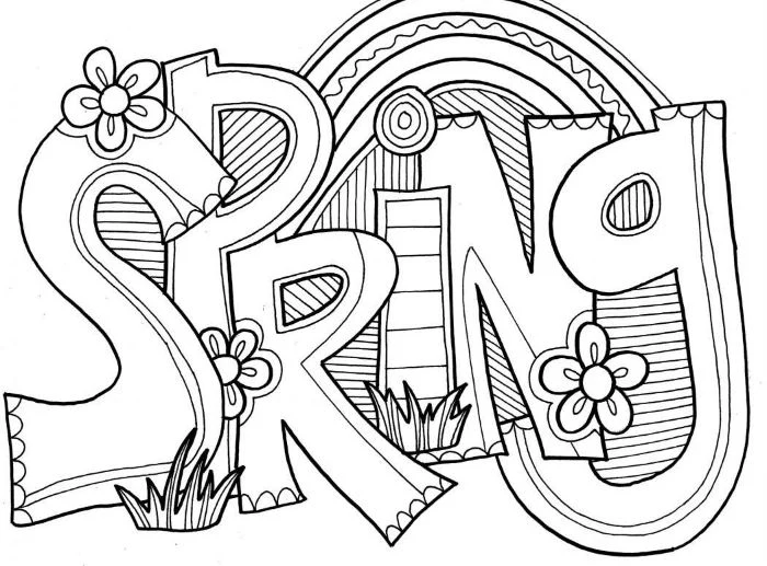 spring written with large letters free printable flower coloring pages surrounded by flowers