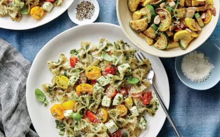 squash recipes bowtie pasta with yellow and red cherry tomatoes basil pesto placed on white plates
