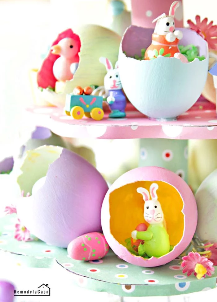 step by step diy tutorial for large centerpiece outdoor easter decorations eggshells and small easter themed figurines