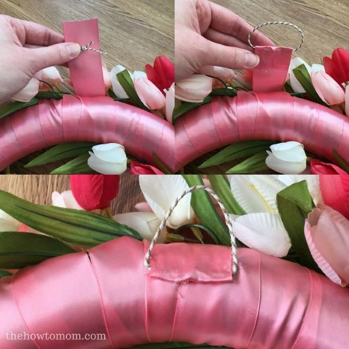 step by step diy tutorial photo collage easter crafts for adults wrapping the wreath with pink ribbon
