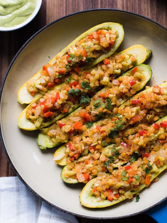 stuffed summer squash how to cook squash and zucchini filled with lentils and veggies
