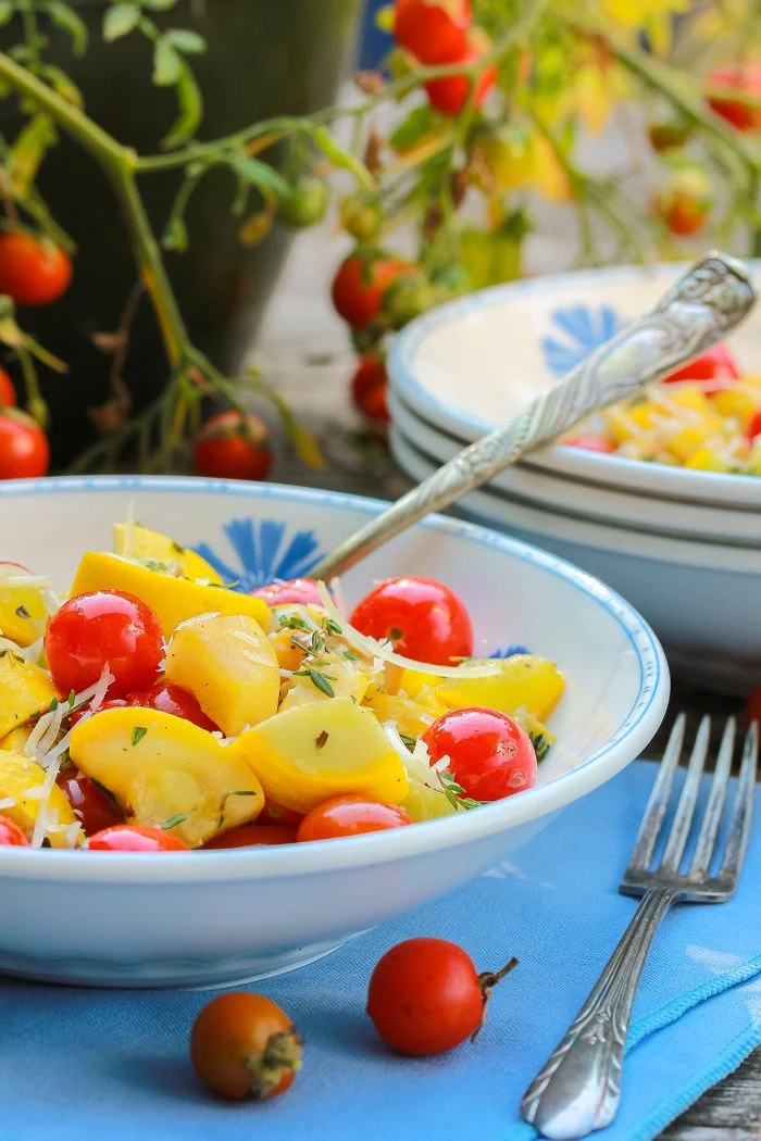 summer salad with yellow squash and cherry tomatoes how to cook squash garnished with cheese and thyme