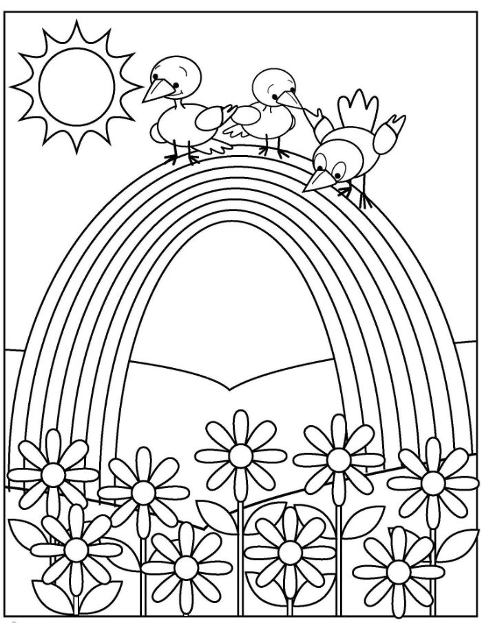 three birds standing on rainbow flowers underneath spring coloring pages black and white drawing