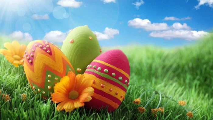 three eggs decorated in green yellow orange and purple easter egg background placed on grass