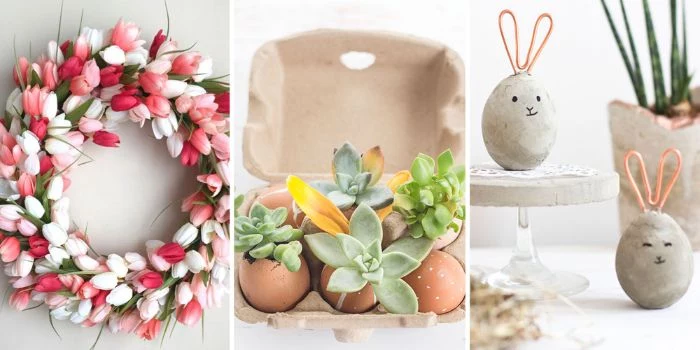 three side by side photos of diy easter decorations tulip wreath succulents in eggshells egg bunnies