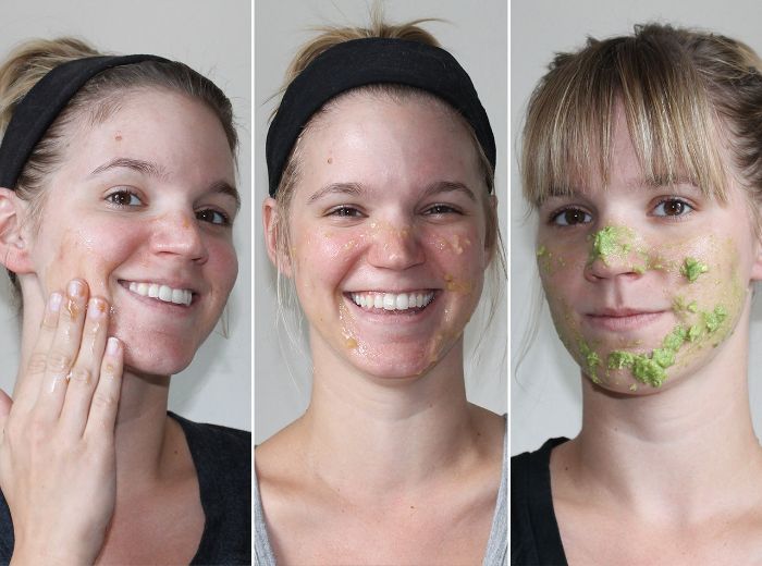 three side by side photos of woman putting green avocado mask on her face homemade face masks