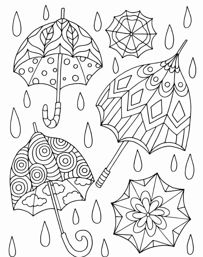 three umbrellas with different patterns surrounded by raindrops flower coloring pages for kids black and white drawing
