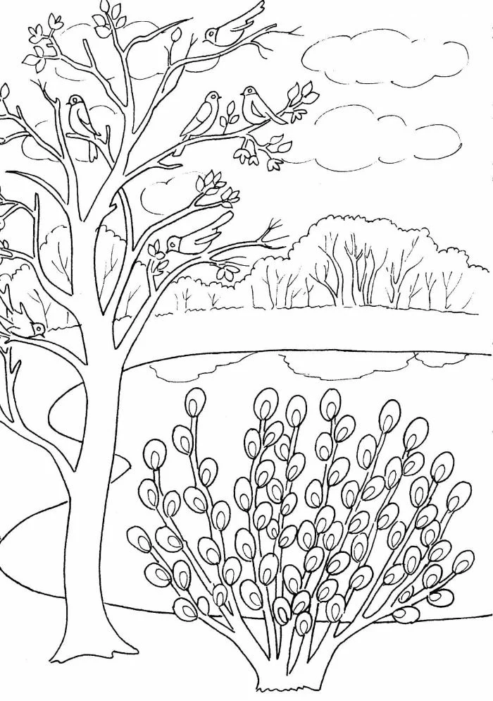 tree and bush with birds on it free printable flower coloring pages trees in the background black and white drawing