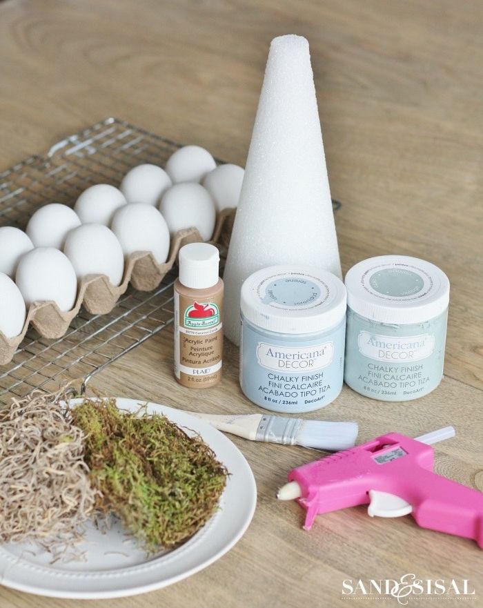 tree topiary easter table décor supplies for step by step diy tutorial moss eggs paint glue