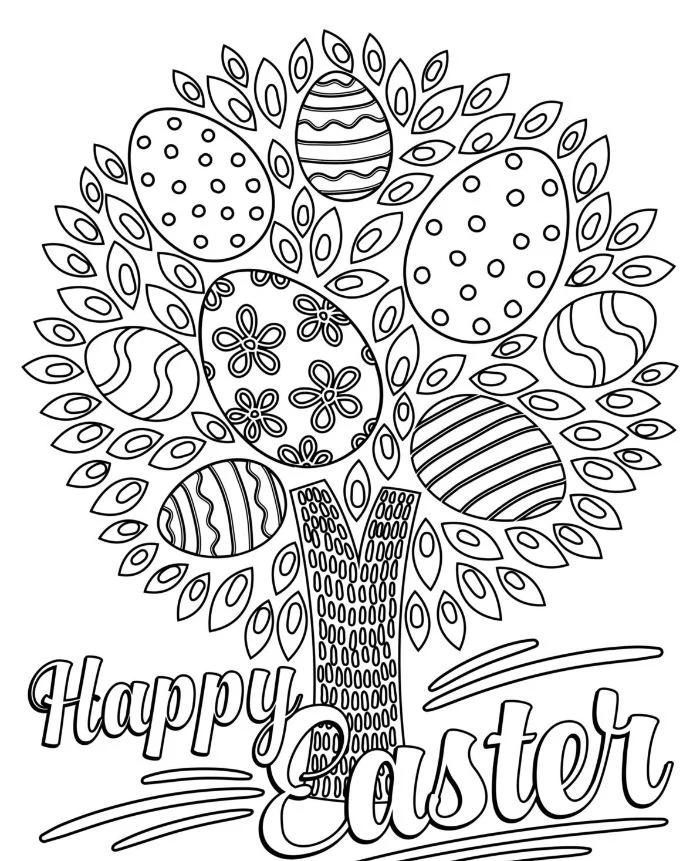 tree with easter eggs on it with different patterns easter bunny coloring pages happy easter written underneath