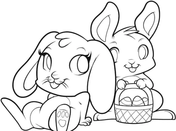 two bunnies black and white drawing bunny coloring pages one bunny holding a basket full of eggs