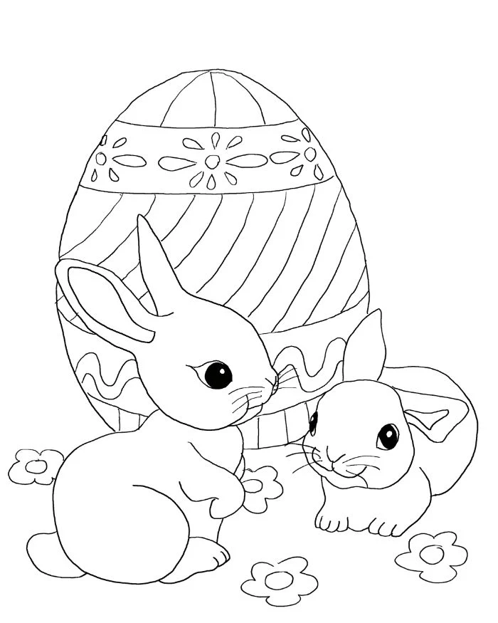 two bunnies standing in front of large egg easter egg coloring pages black and white drawing