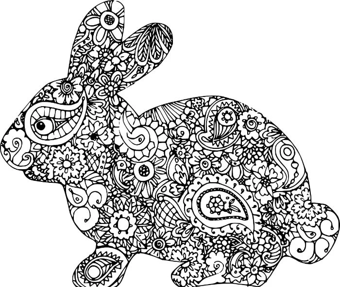 white background black and white drawing of bunny easter coloring pages floral patterns to color