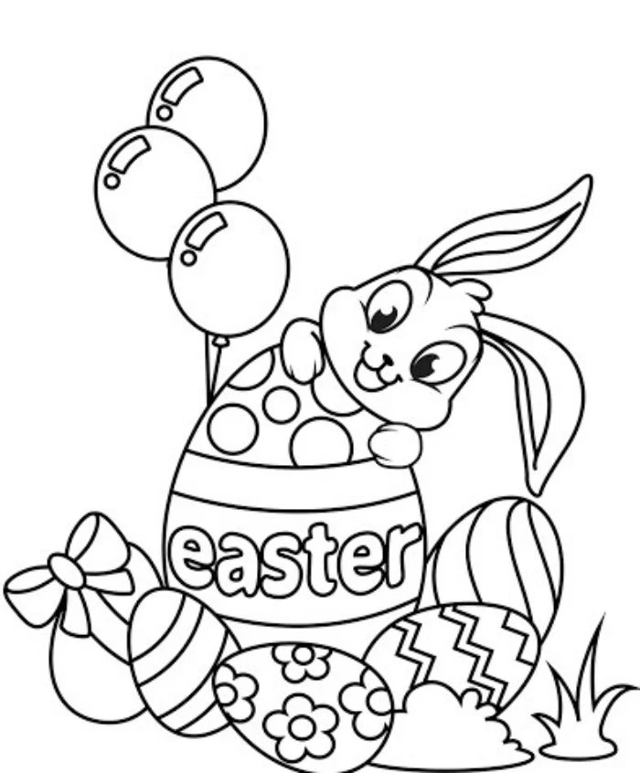 white background free printable easter egg coloring pages drawing of bunny and easter eggs with different patterns
