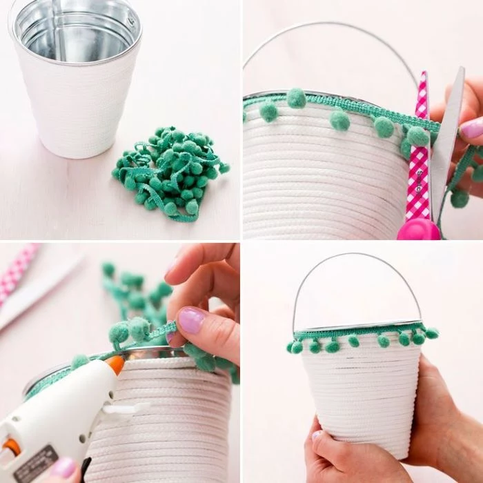 white rope green pom pom ribbon around metal basket easter basket ideas for toddlers step by step tutorial