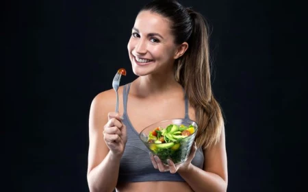 woman smiling holding a bowl full of salad food education holding fork with halved cherry tomato