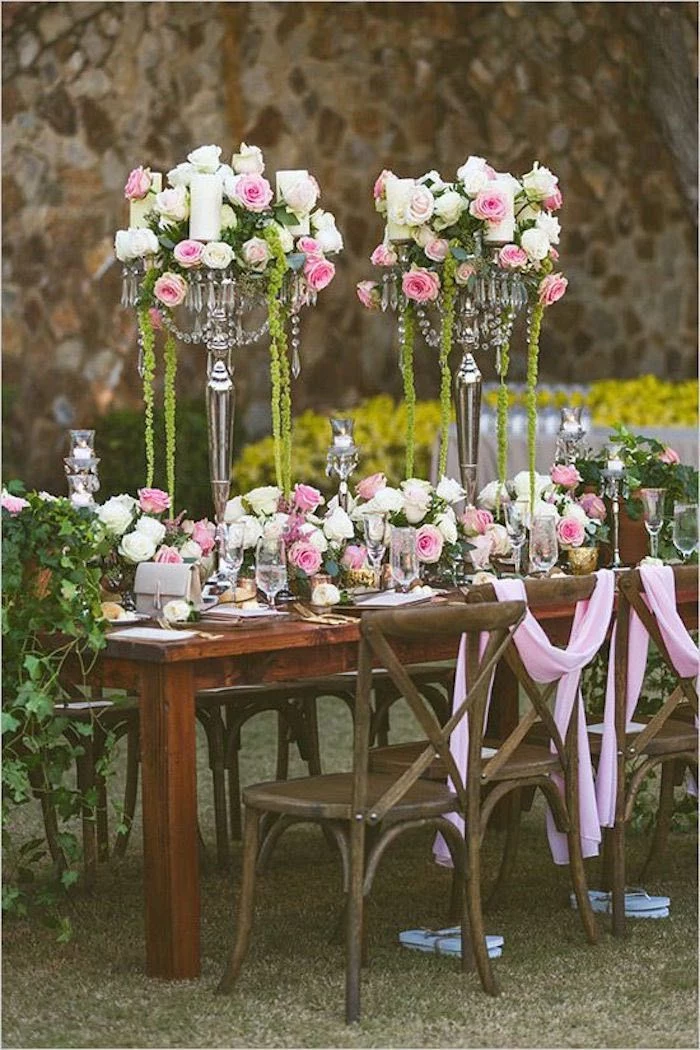 wood table and chairs home wedding ideas floral table runner and tall centerpieces with white and pink roses