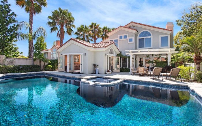 backyard swimming pool large house with tall palm trees large pool and jacuzzi