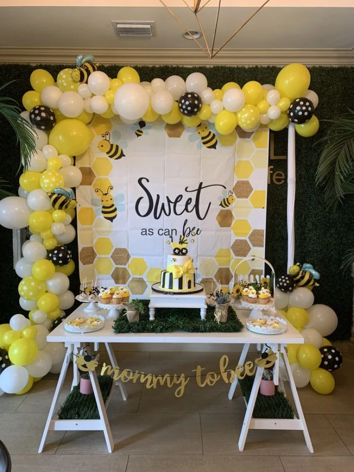 bee themed baby shower decorations yellow white black balloons sweet as can bee poster mommy to bee garland