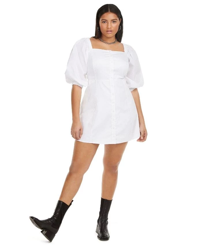 black leather boots white dress cute clothes for teens worn by woman with long black hair