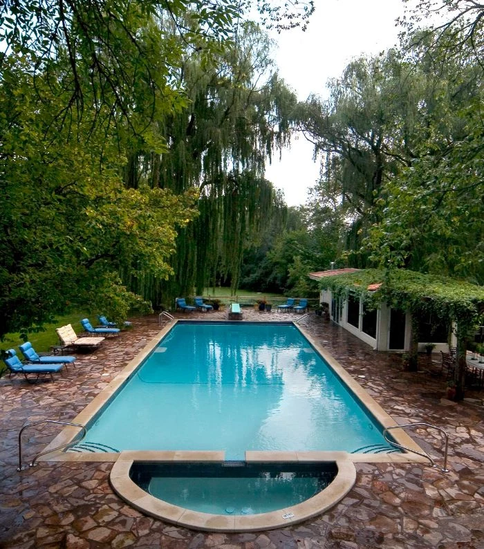 blue and white cushions on lounge chairs next to pool small backyard pool ideas surrounded by tall trees