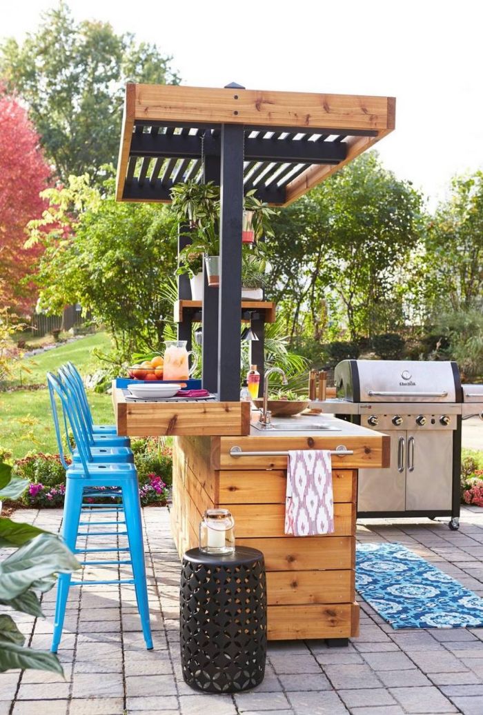 blue metal bar stools next to small kitchen island home bar ideas on a budget barbecue on the side