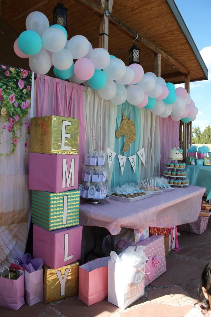 blue white purple pink balloons and baby blocks baby shower decorations girl unicorn theme