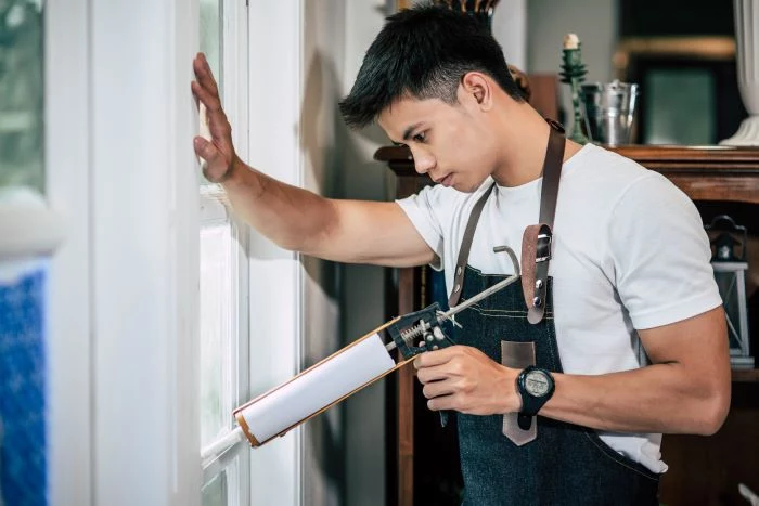 carpenter wearing white t shirt holds glue door installation attaches window with white frames