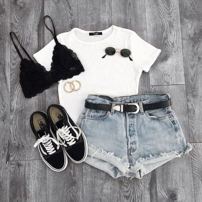 cute outfits for girls denim shorts white t shirt black bralette cute outfits for girls sunglasses black vans sneakers